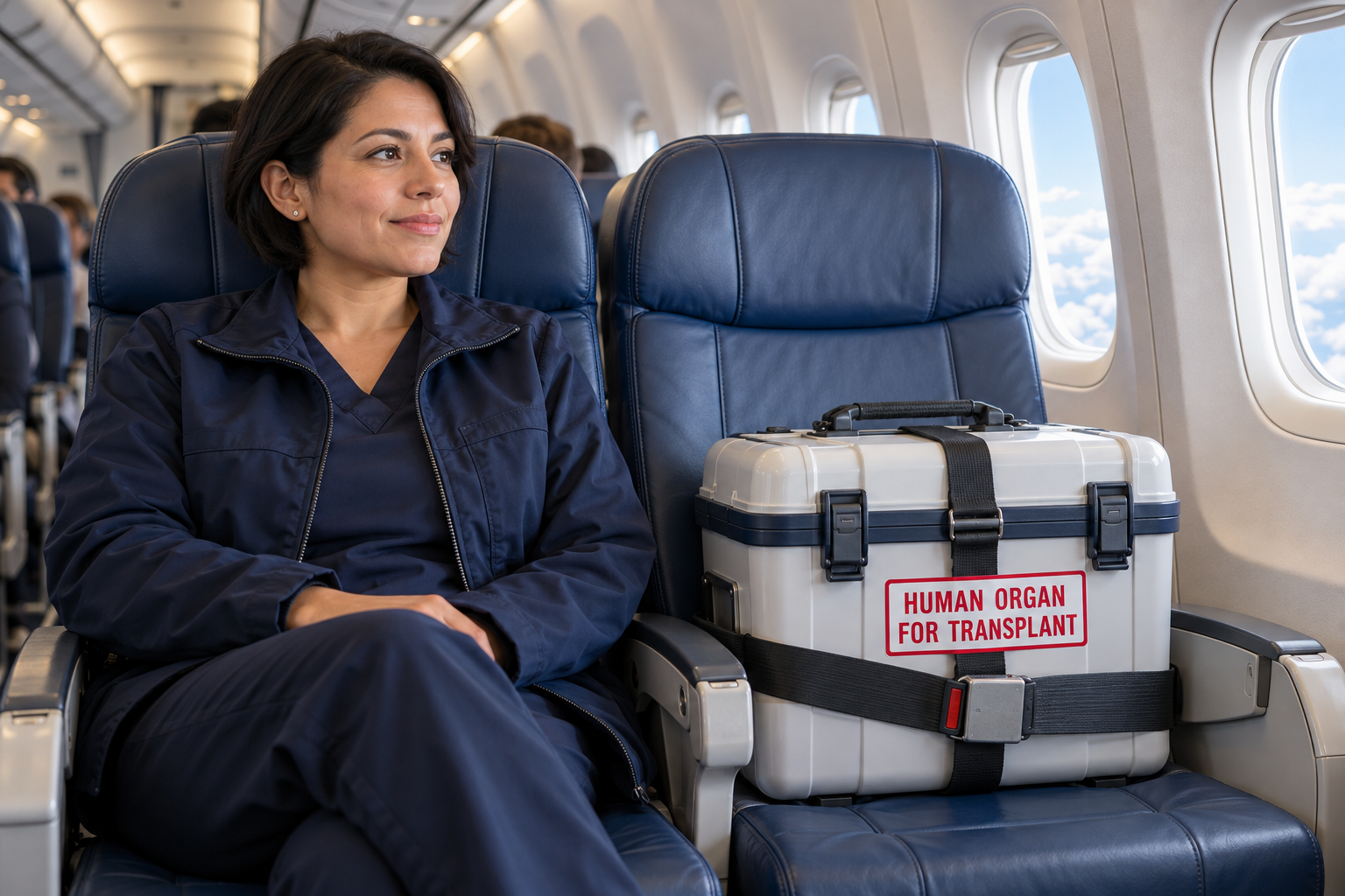Illustrative woman seated on an airplane beside a secured sealed organ transport case