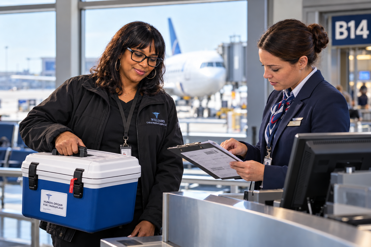 Illustrative onboard courier and airline representative reviewing a sealed medical transport case