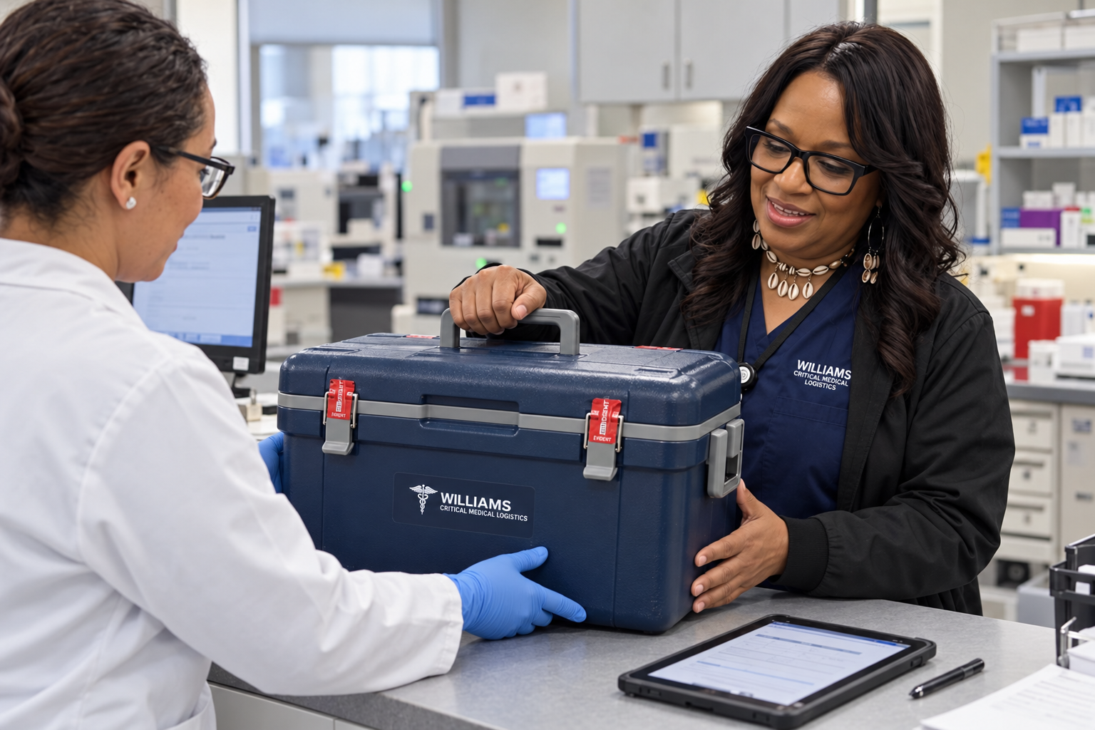 Illustrative laboratory staff and courier documenting a sealed case handoff